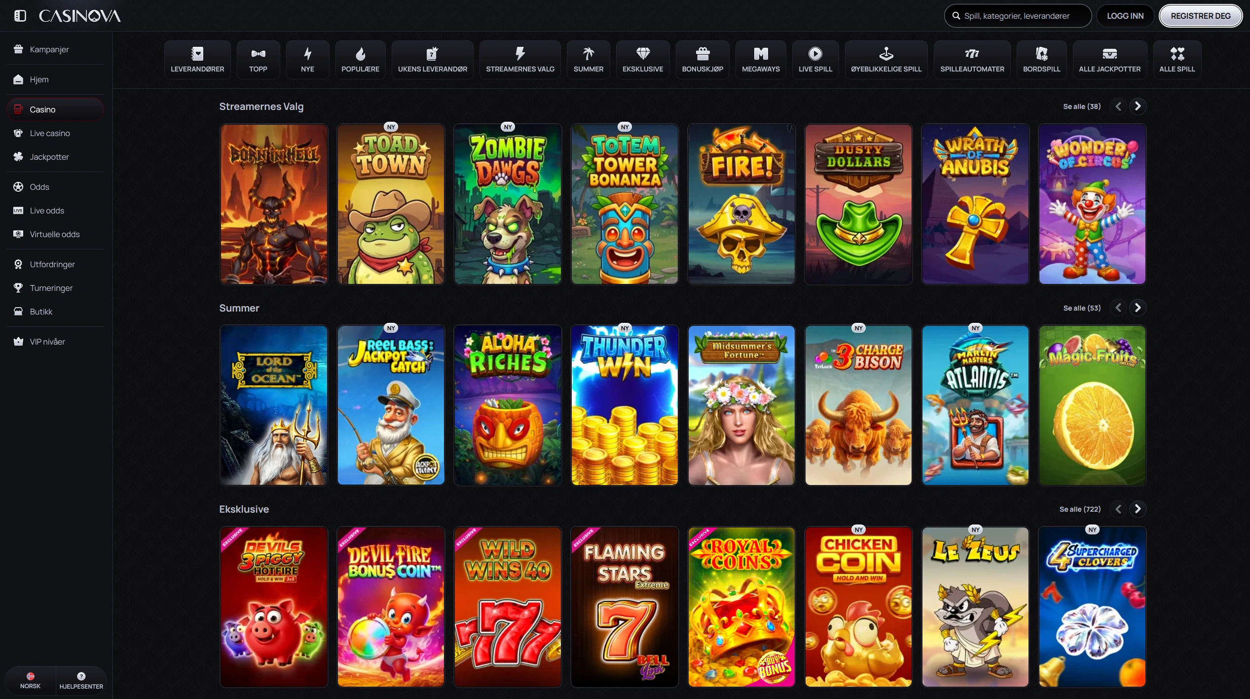 Automater og progressive potter hos Casinova